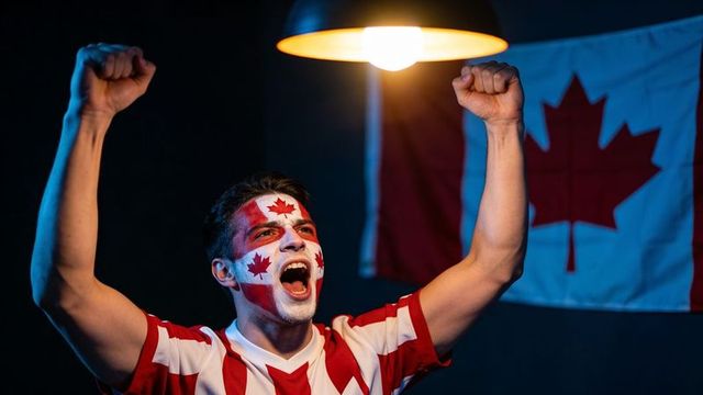 Cheering canadian fan raising fists wearing maple face paint and red-white jersey