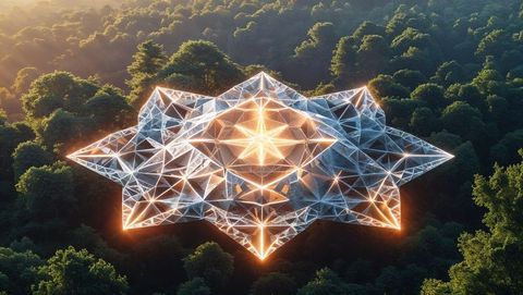 Futuristic floating structure hovering above forest at dawn