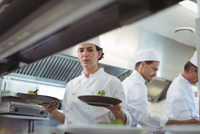 Chefs in a commercial kitchen are preparing and plating dishes. This image can be used for content related to the restaurant industry, culinary arts, professional cooking, and teamwork in a kitchen environment.