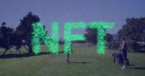 Mid adult male golfer swing with digital nft overlay on golf course
