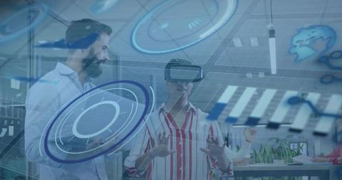 Team Collaborating with VR Headset and Holographic UI Overlay in Modern Office