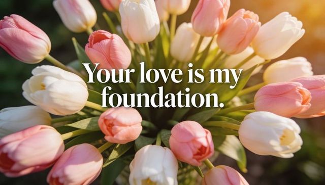 Blooming pink and white tulip bouquet with white serif love line 'your love is my foundation'
