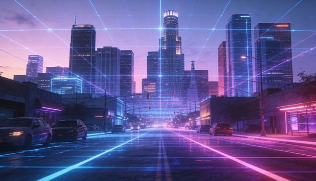 Neon Grid Avenue Leading Toward Futuristic Dusk Skyline with Reflective Wet Streets
