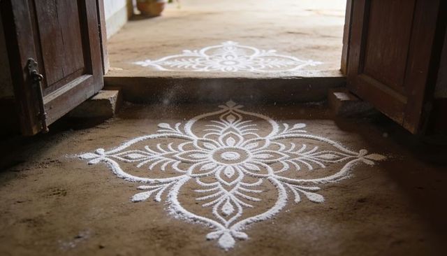 White rangoli decorating earthen floor at rustic wooden doorway, symmetrical floral pattern