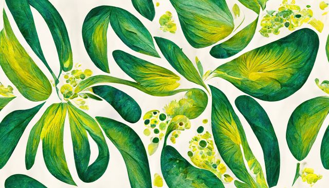 Botanical watercolor seamless pattern featuring green leaves and yellow flowers. This design showcases intricate, hand-painted botanical elements with vibrant hues. Perfect for creating nature-inspired designs for wallpaper, textiles, stationery, or fabric prints. Ideal for spring and summer themed projects or for adding a fresh, floral touch to any decorative item.