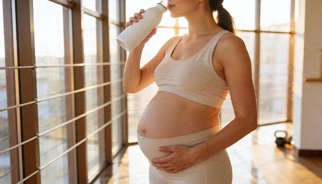 Pregnant woman drinking water during prenatal yoga in sunlit urban fitness studio