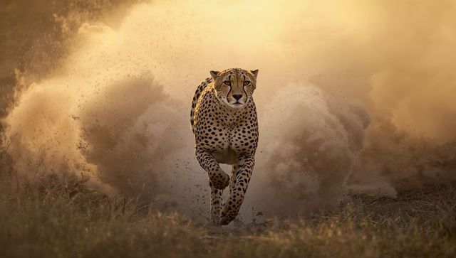 Dynamic Cheetah Sprinting Through Dusty Savanna