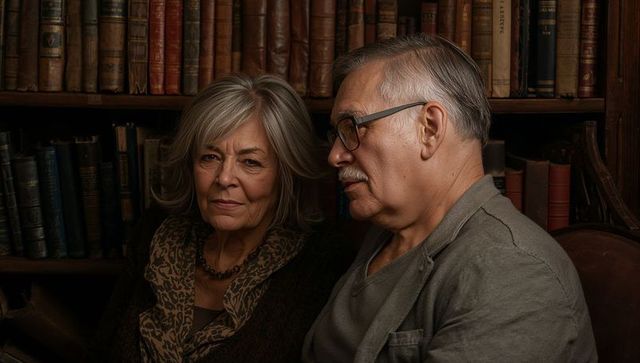 Senior couple in vintage library conveying quiet companionship, timeless warmth and wisdom