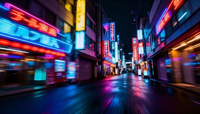 Neon-lit rainy tokyo alleyway reflecting vibrant blue and pink lights, motion-blurred