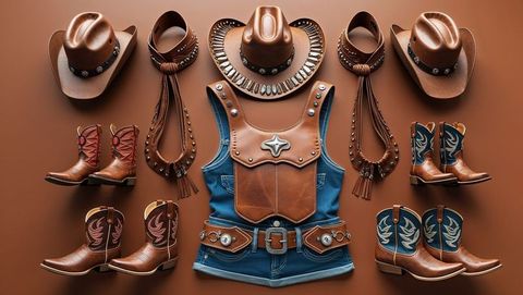 Western outfit collection with hats, boots, and leather accents on brown background