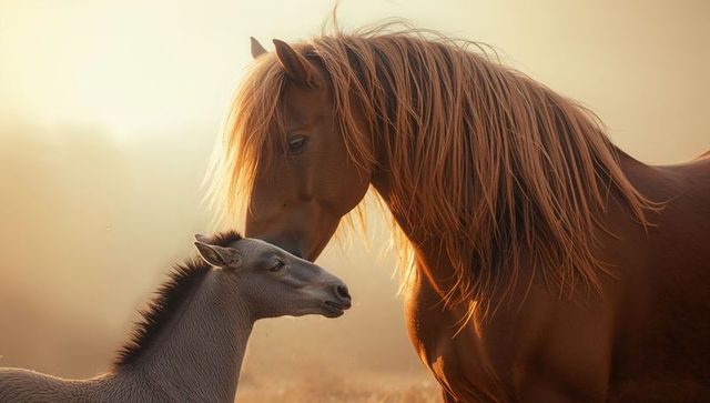 Mare and foal sharing tender moment in golden light