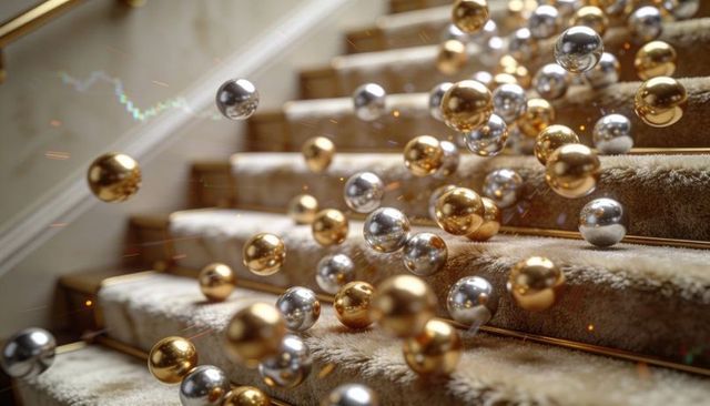 Cascading gold and silver spheres tumbling down plush beige carpeted staircase, spark trails