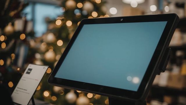 Displaying retail tablet kiosk with blank touchscreen and holiday bokeh lights