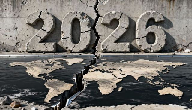 Cracked 2026 concrete numerals over fractured world map with deep seismic fissure