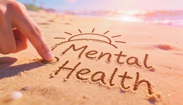 Finger tracing mental health in sand with sunlit beach and calm waves