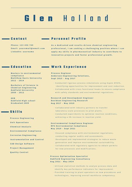 This resume template offers a clean, modern design ideal for chemical engineering professionals seeking to highlight their skills and experience efficiently. Optimized for both job applications and academic purposes, its layout ensures key information is easily accessible. Perfect for professionals aiming to present their qualifications in a clear and organized manner. The template is fully editable, allowing for personalization to meet specific career goals. Suitable for engineer job seekers, career transitions, and professional networking.