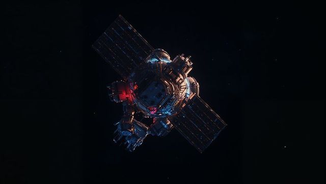 Futuristic spacecraft with solar panels drifting in space