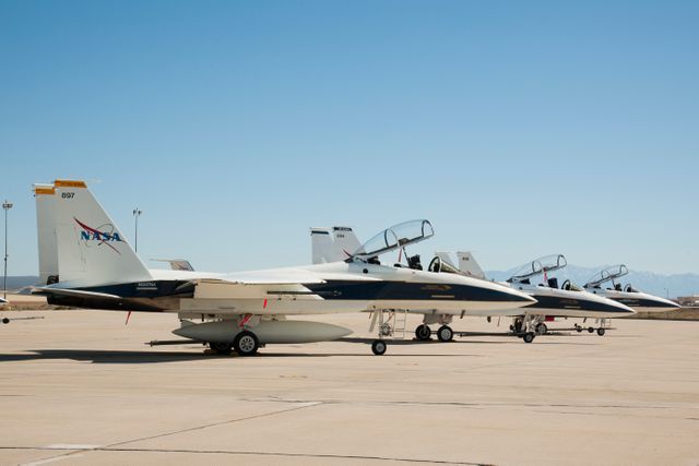 Left to right: "2nd to None" (F-15D #897), "Mr. Bones" (F-15D #884), and workhorse F-15B #836 on the back ramp at NASA's Neil A. Armstrong Flight Research Center.