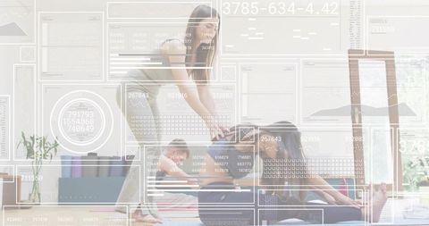 Instructor adjusting students during sunlit yoga class with futuristic hud overlays