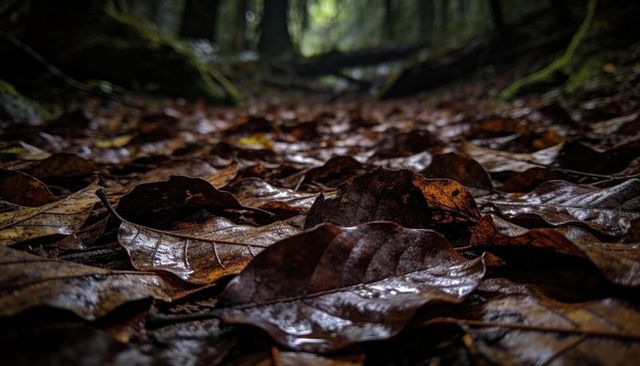Glistening wet fallen leaves showing veins and dew drops on forest floor