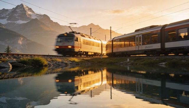 Sunlit electric alpine train gliding along mountain lake reflecting peaks at golden hour