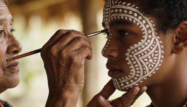 Elder applying intricate white face paint on teen during rite of passage ritual