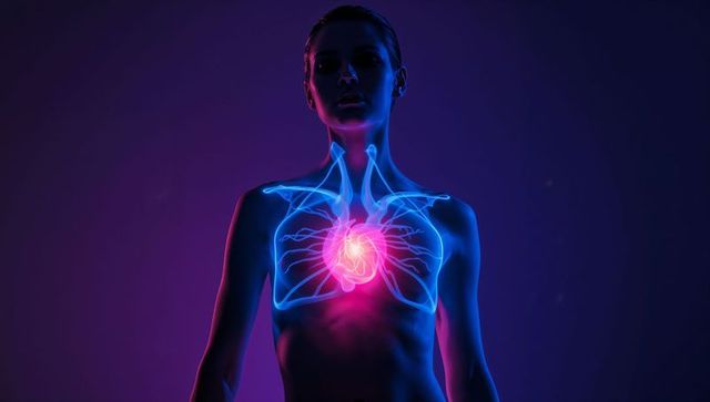 Neon medical visualization of female torso with glowing heart and vascular overlay
