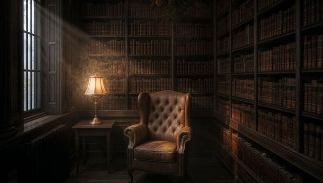 Vintage Leather Wingback Chair Bathed in Sunlight in Classic Wood Library with Brass Lamp