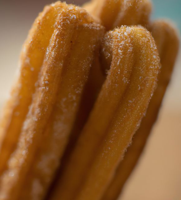 Close up of churros on blurred background created using generative ai technology. Sweets, nutrition and food concept, digitally generated image.