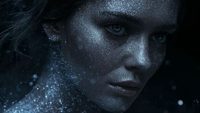 Closeup glam portrait woman wearing metallic blue glitter makeup with moody bokeh studio