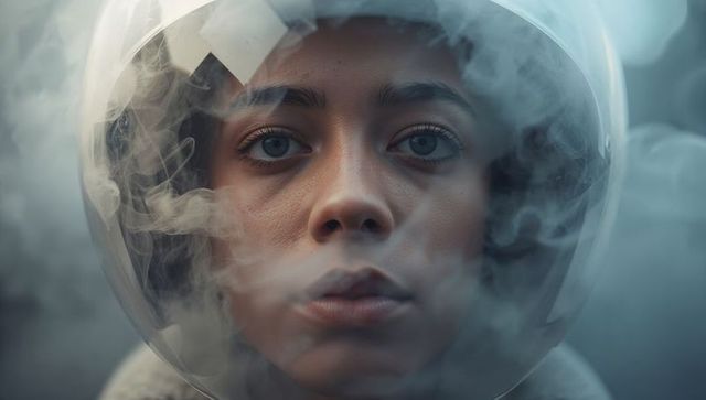 Futuristic Close-Up Portrait of Woman Wearing Clear Helmet and Exhaling Vapor
