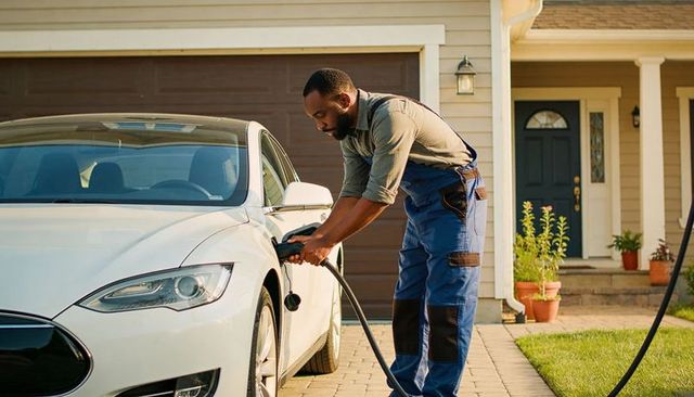 Technician connecting ev charger to electric sedan on residential driveway at home
