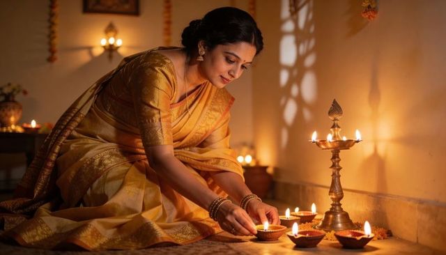 Lighting diyas during diwali ritual wearing golden silk saree beside brass deepam and marigold
