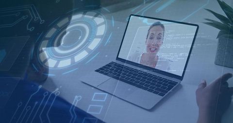 Remote collaboration with HUD overlay: laptop video call showing smiling woman at desk