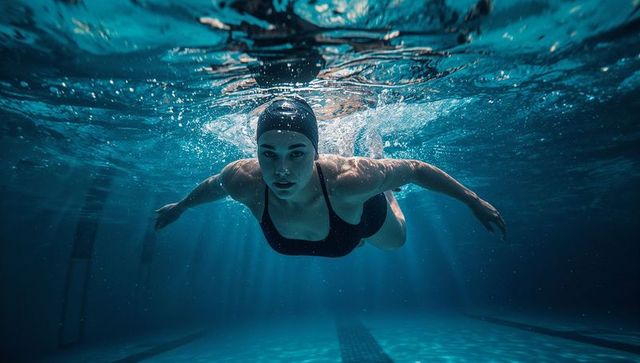 Female swimmer gliding underwater in pool wearing cap and black swimsuit, dramatic light