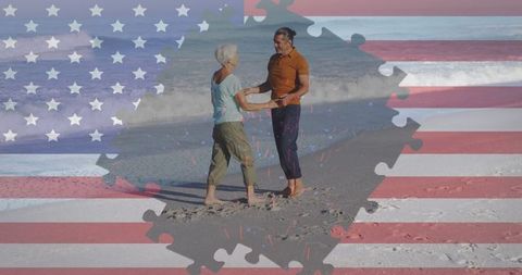 Senior Couple Dancing on Jigsaw Puzzle Beach with American Flag Overlay