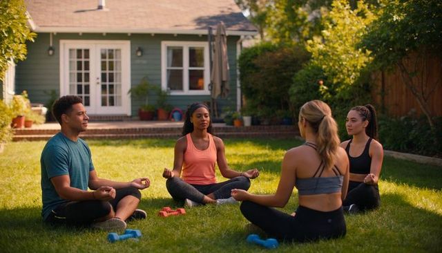 Sunlit backyard group meditation practicing mindfulness and outdoor fitness for wellness