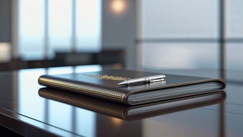 Elegant leather portfolio with silver pen on polished boardroom table