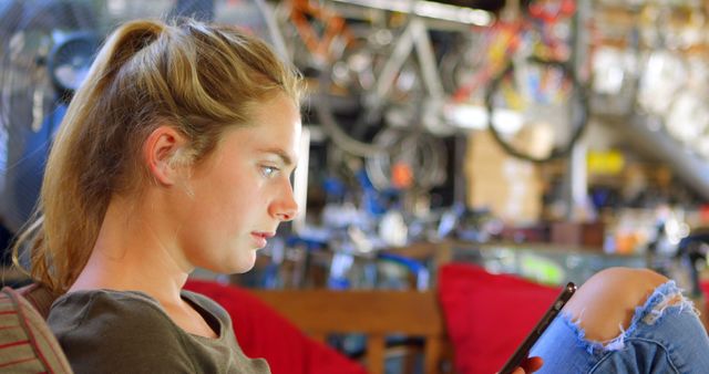 Young Woman in Bike Shop Focused on Smartphone with Ambient Background - Download Free Stock Images Pikwizard.com