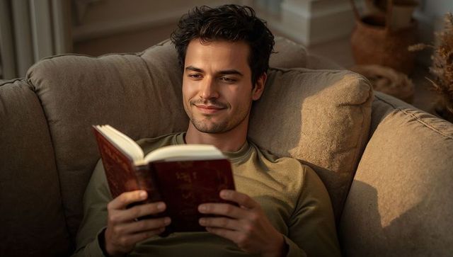Young man relaxing and reading hardcover book on beige sofa in cozy living room