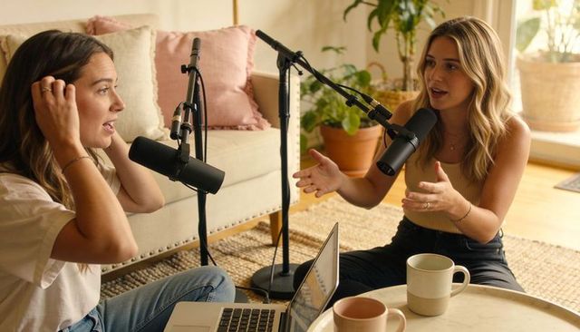 Cozy home podcast with two women cohosts recording candid conversation over coffee