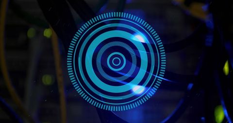 Futuristic interface with data processing display and computer wires