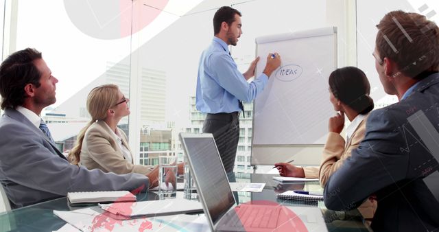 Business team collaborating during an office presentation. A man is presenting ideas on a flip chart while colleagues, consisting of men and women dressed in business attire, sit around a conference table, listening attentively. This image is ideal for depicting corporate environments, teamwork, business strategy meetings, and professional settings.