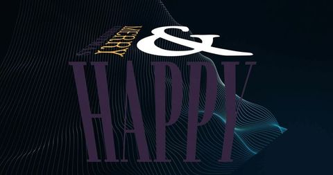 Happy typography with white ampersand and teal wireframe mesh on dark gradient background