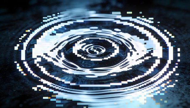 Glitch ripple rings forming on reflective water surface with pixelated distortion