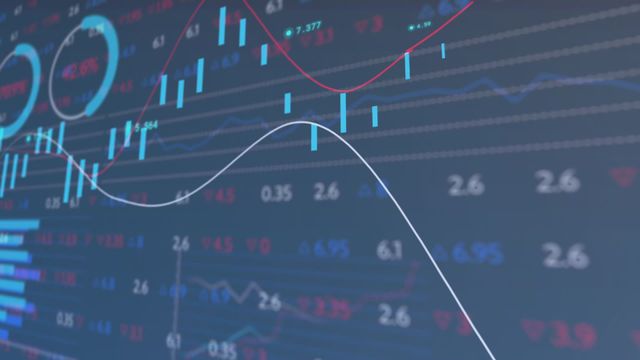 Visual representing complex financial data and varying trends in charts and graphs over navy backdrop. Useful for concept presentations about finance, business analysis, stock market trends, economic studies, and digital financial tools.