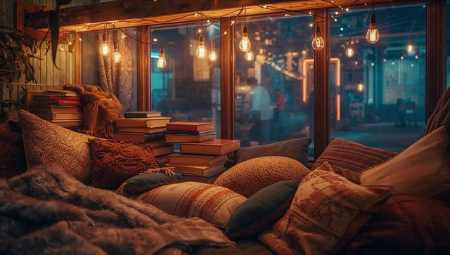 Cozy cafe corner with plush pillows and edison bulbs