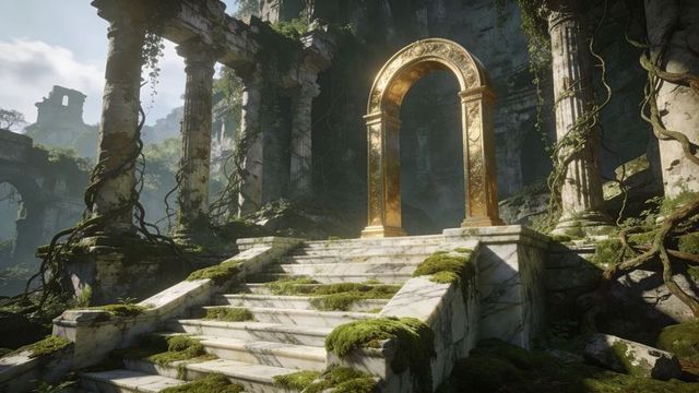 Ornate golden archway sitting atop moss-covered marble steps in sunlit ancient ruins