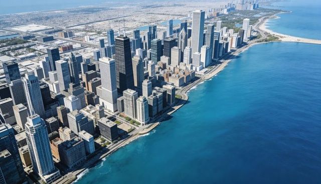 Aerial lakefront skyline with high-rise towers, curved waterfront, urban promenade and beaches