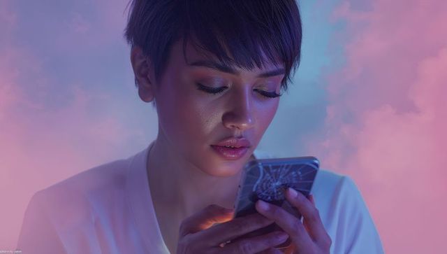 Contemplative woman with cracked smartphone against pastel gradient